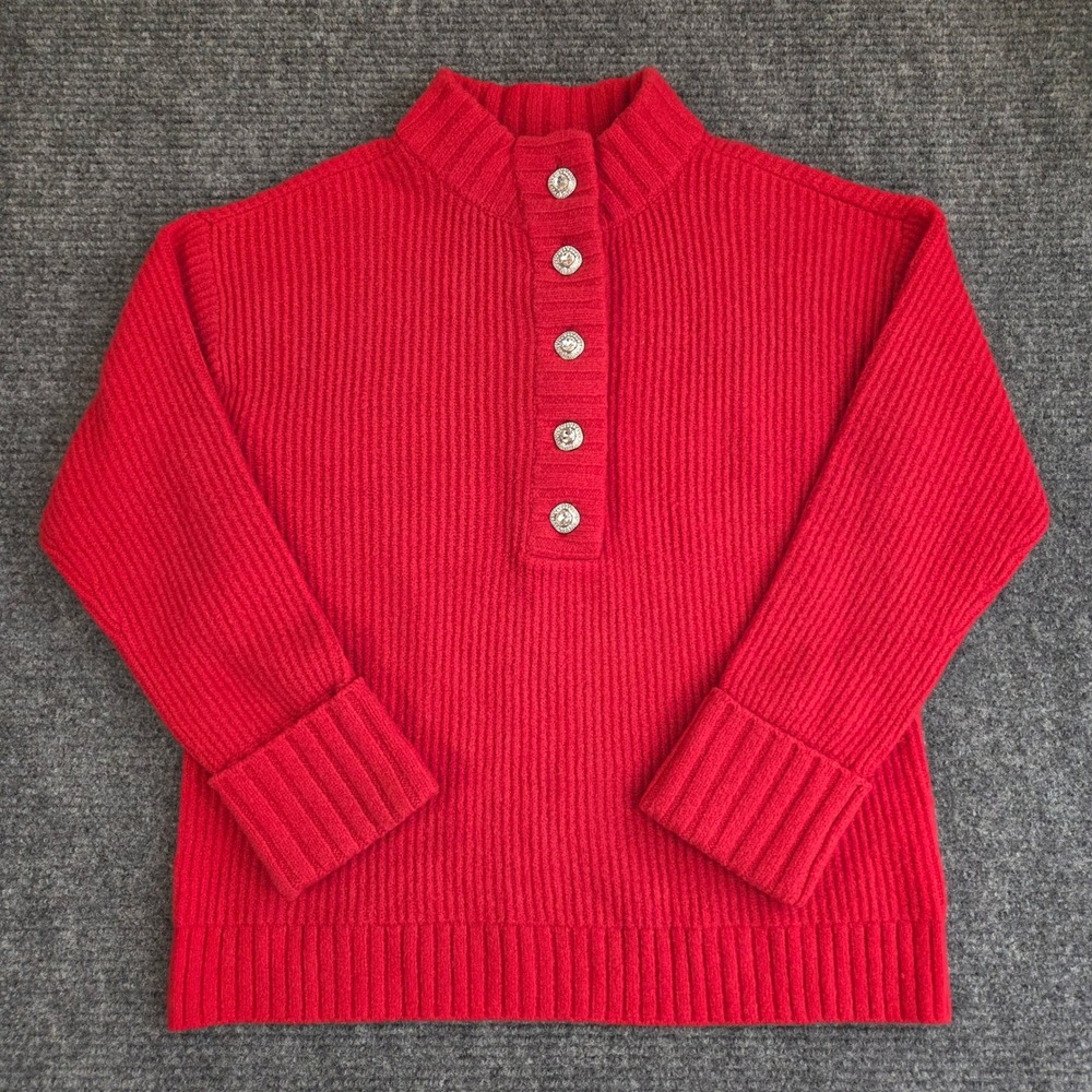 Talbots Wool Cotton Blend Red Ribbed Mock Neck Rhinestone Button Sweater Medium